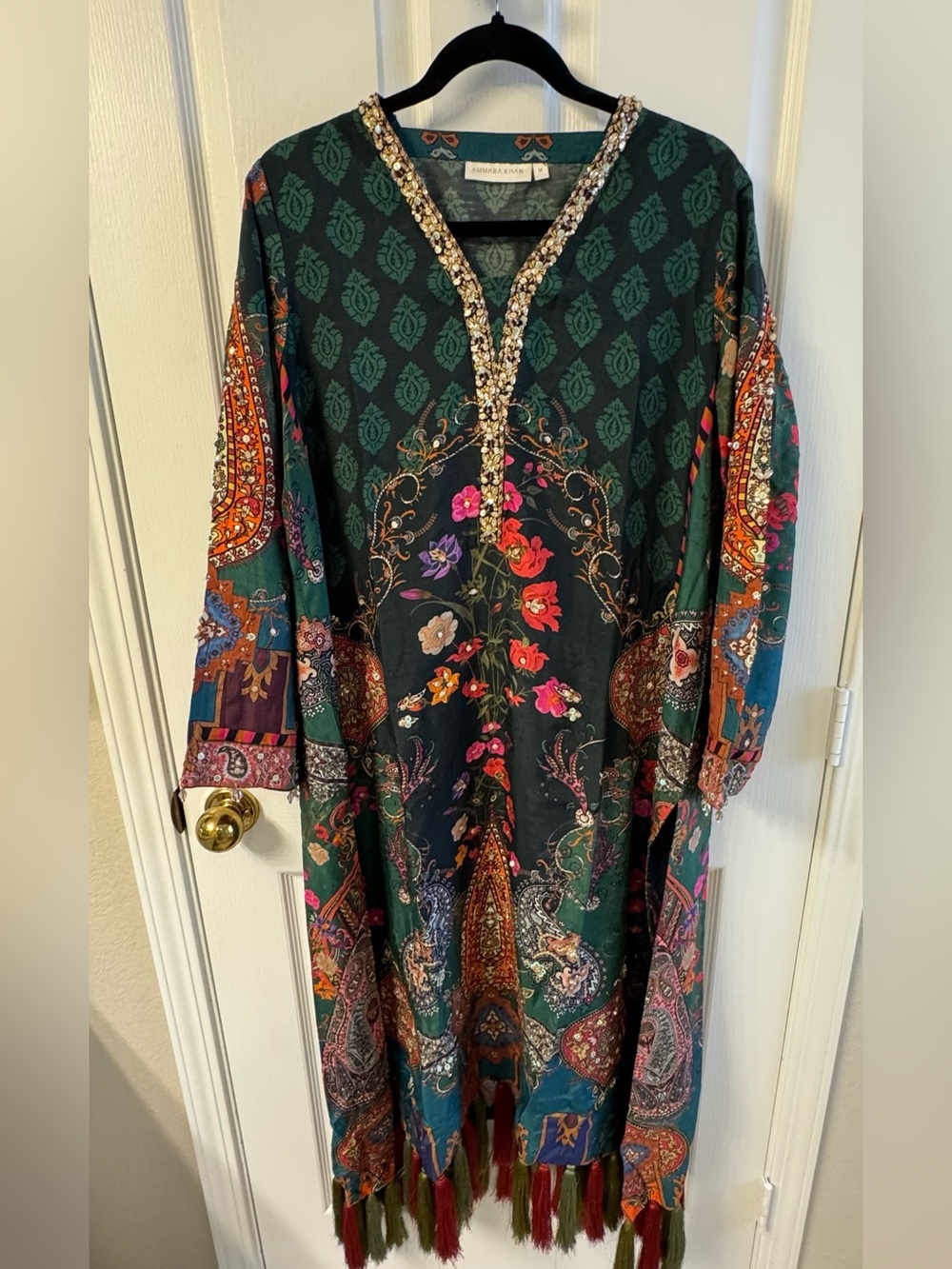 AMMARA KHAN Dark Green Embellished Floral KAFTAN